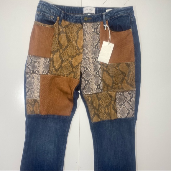 Frame Le Mini Boot Leather Patchwork Snake Print Mid Rise Jeans NWT Size 30 - Picture 6 of 16